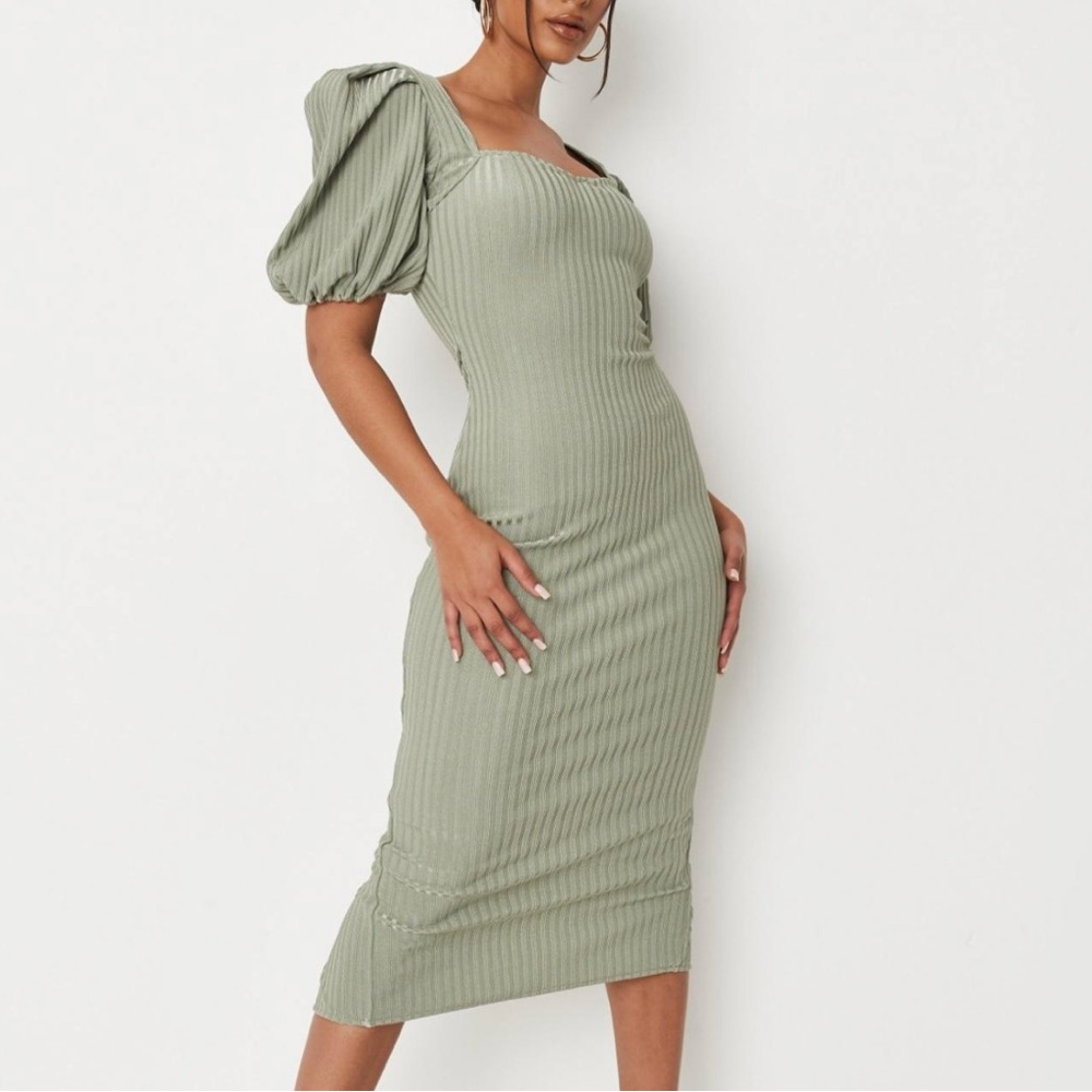 Missguided Sage Green Midi Dress with Puff Sleeves